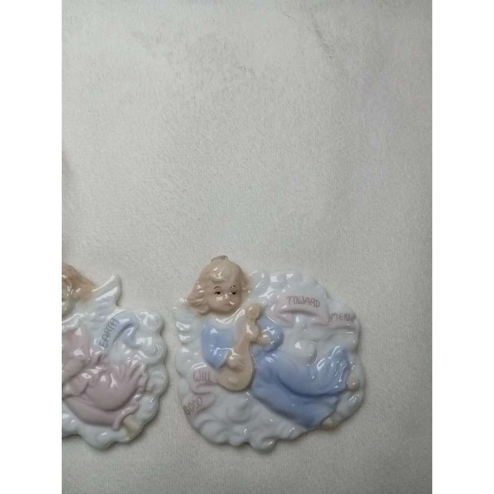1996 Vintage H.O.L. 3 Ceramic Angel Ornaments Joy To The World Peace On Earth‎